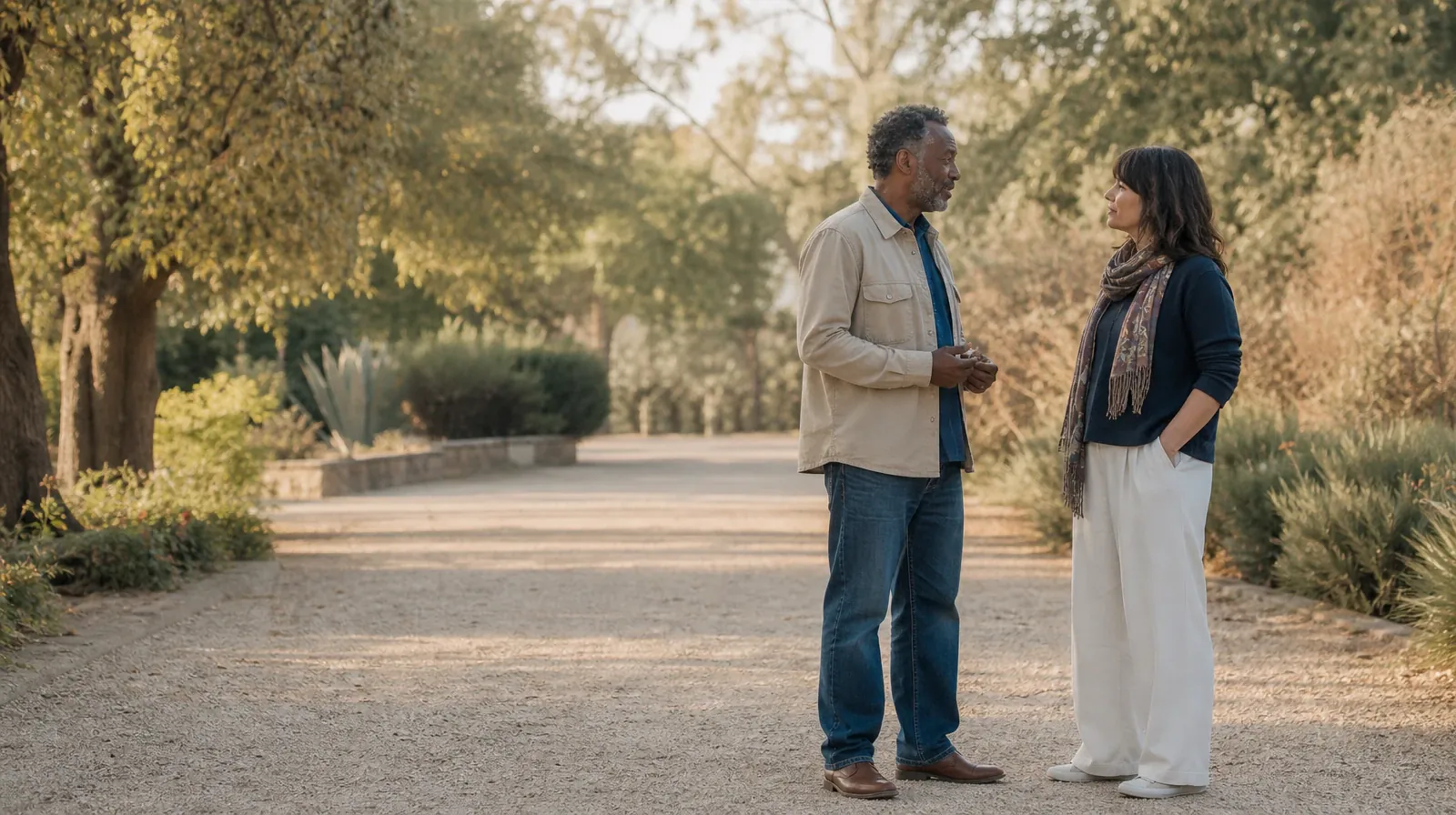 Language and Accessibility Questions for Southwest Ranches, FL | Two adults pause to talk on a broad garden path Two adults pause to talk on a broad garden path · Language and Accessibility Questions for Southwest Ranches, FL