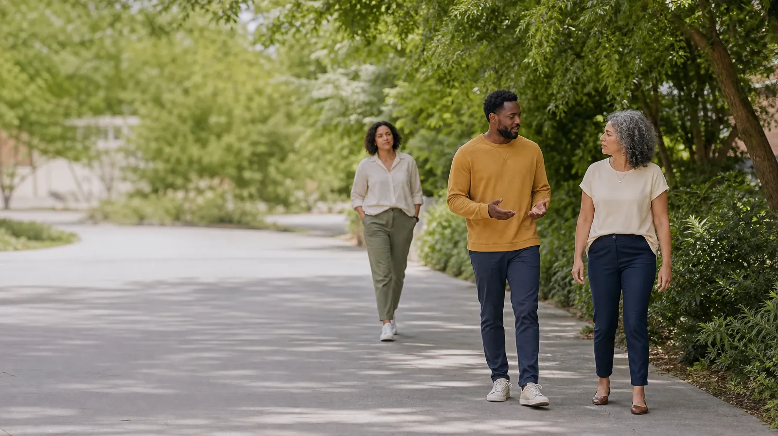 Planning Time Away for Treatment for Southwest Ranches, FL | Three adults walk and talk on an unmarked neighborhood path Three adults walk and talk on an unmarked neighborhood path · Planning Time Away for Treatment for Southwest Ranches, FL