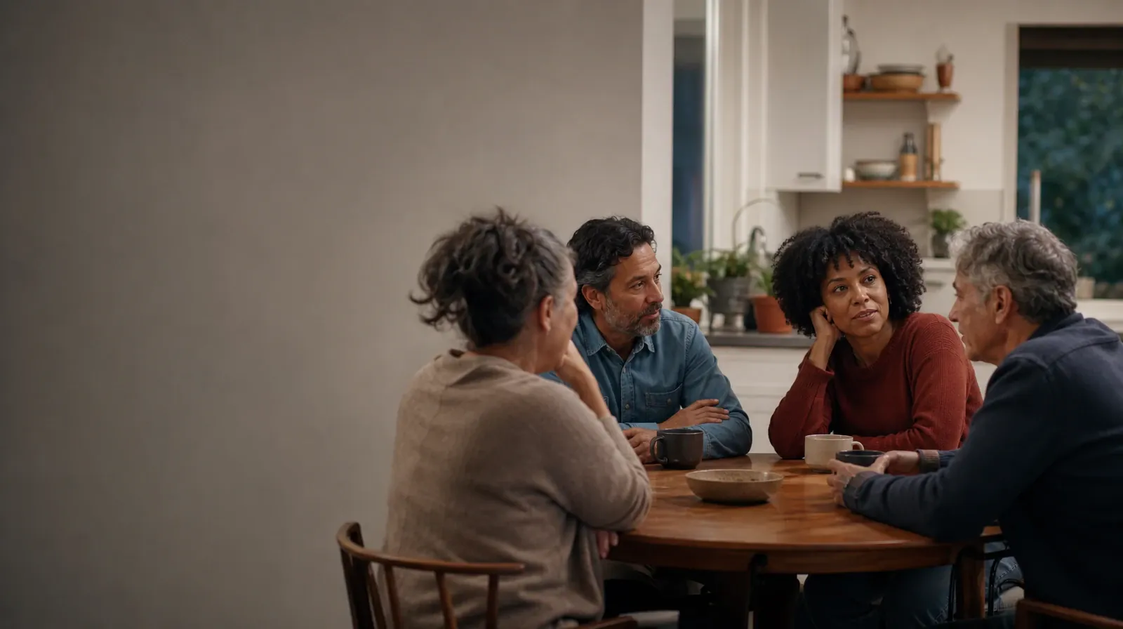Alcohol Addiction Treatment for Stock Island, FL Residents | Four adults share an informal conversation at a kitchen table Four adults share an informal conversation at a kitchen table · Alcohol Addiction Treatment for Stock Island, FL Residents