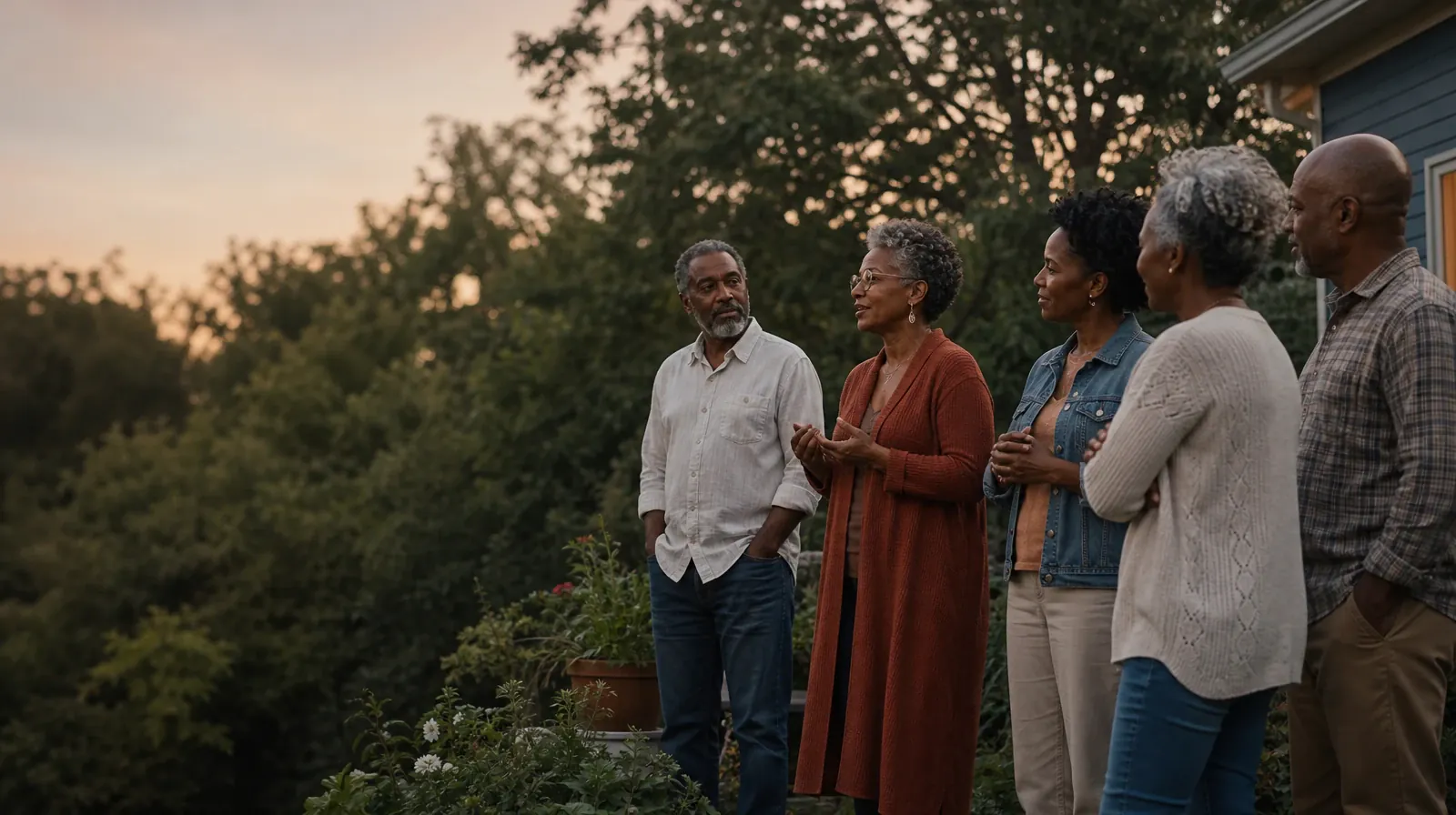 Returning Home After Treatment for Sugarloaf Key, FL Residents | Five adults listen during an informal garden conversation Five adults listen during an informal garden conversation · Returning Home After Treatment for Sugarloaf Key, FL Residents