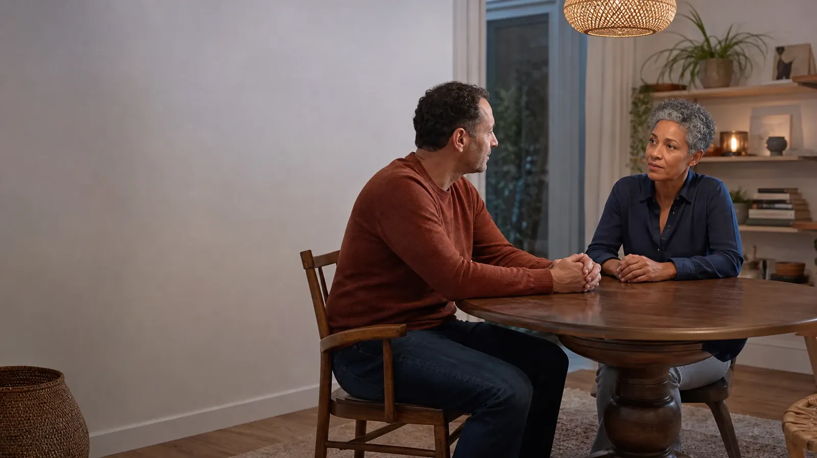 Two adults have a calm conversation at a round table · Alcohol Addiction Treatment for Summerland Key, FL Residents