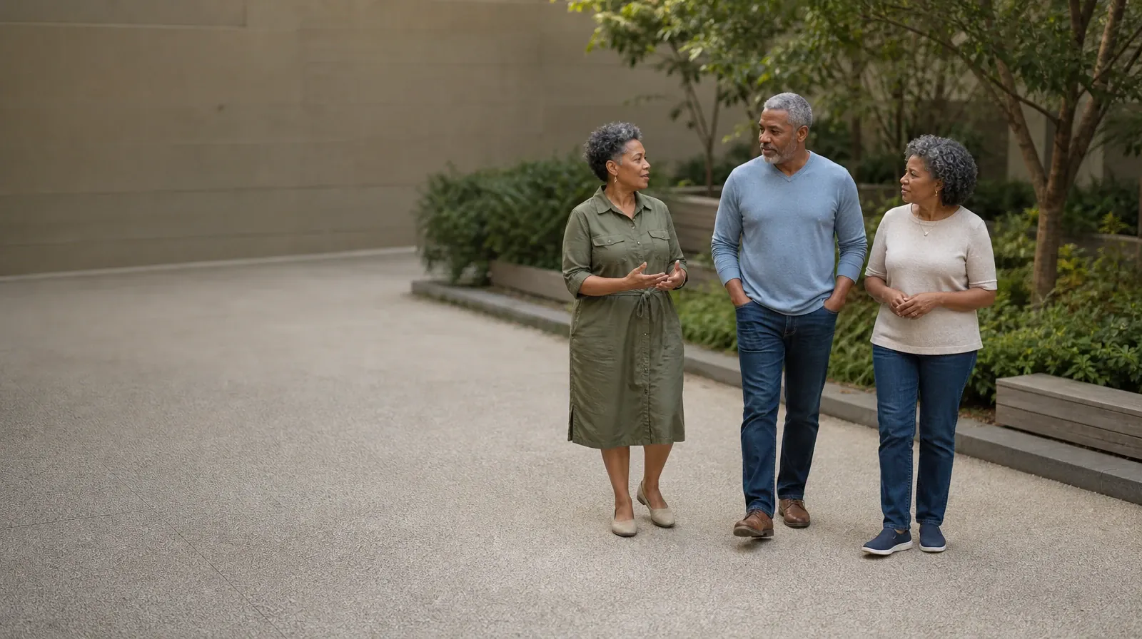 Three adults walk and talk through a courtyard · Cocaine Addiction Treatment for Summerland Key, FL Residents
