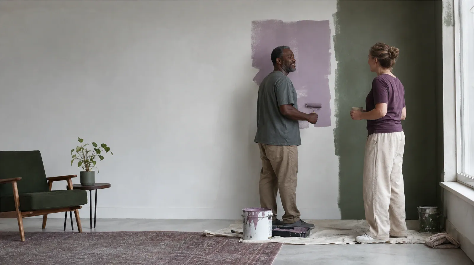 Two adults pause while painting a plain wall · Methamphetamine Addiction Treatment for Summerland Key, FL