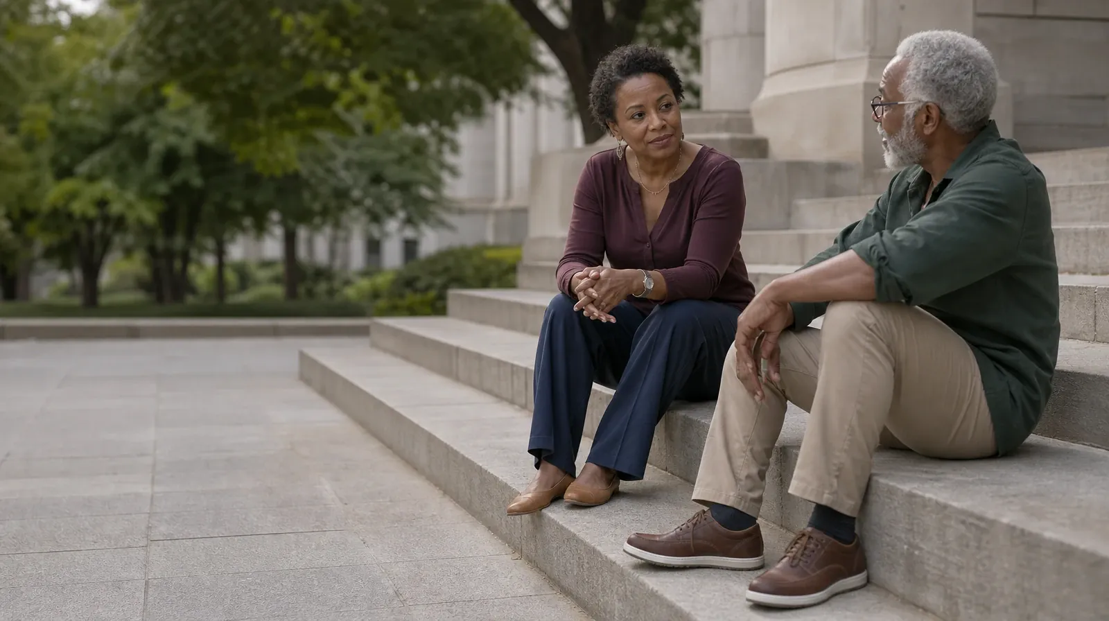 Language and Accessibility Questions for Sunny Isles Beach, FL | Two adults talk while seated on broad outdoor steps Two adults talk while seated on broad outdoor steps · Language and Accessibility Questions for Sunny Isles Beach, FL