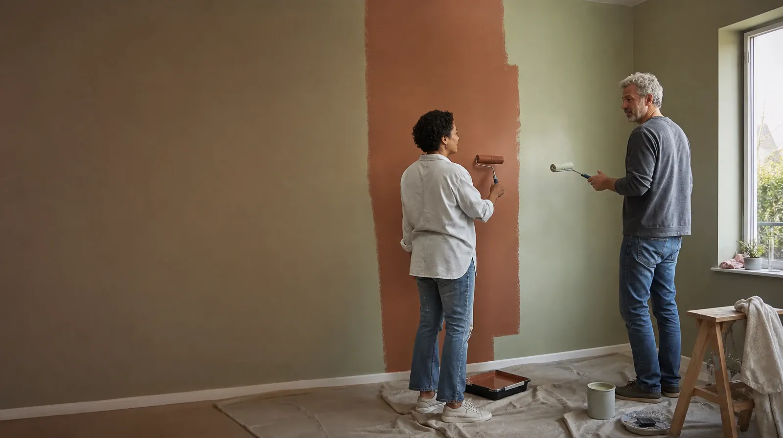 Two adults pause while painting a plain wall · Methamphetamine Addiction Treatment for Sunny Isles Beach, FL