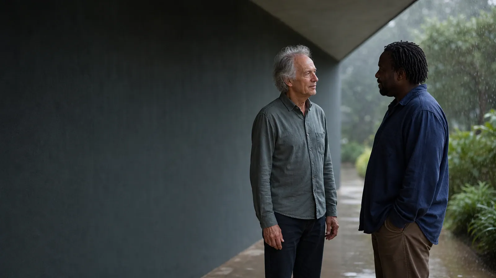 Two adults talk beneath a plain overhang while light rain falls… · Addiction Treatment for Sunny Isles Beach, FL Residents
