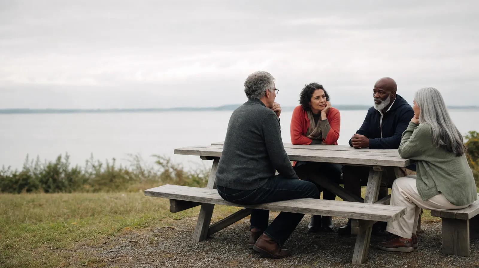 Four adults share an informal outdoor conversation · Adult Recovery Support Resources for Sunrise, FL Residents