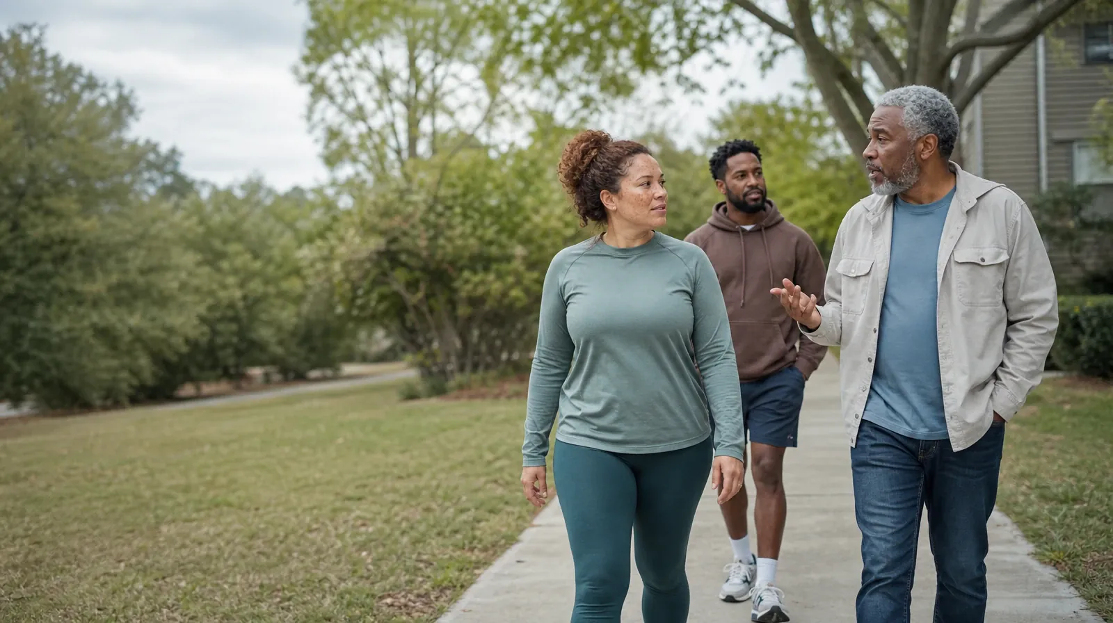Drug and Alcohol Detox for Surfside, FL Residents | Three adults walk and talk on an unmarked neighborhood path Three adults walk and talk on an unmarked neighborhood path · Drug and Alcohol Detox for Surfside, FL Residents
