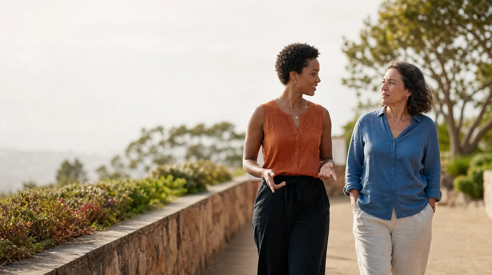 Language and Accessibility Questions for Sweetwater, FL Residents | Two adults walk and talk beside a garden wall Two adults walk and talk beside a garden wall · Language and Accessibility Questions for Sweetwater, FL Residents