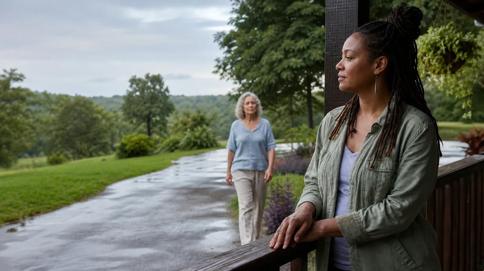 Two adults meet near a shaded porch · Supporting an Adult Loved One for Sweetwater, FL Residents