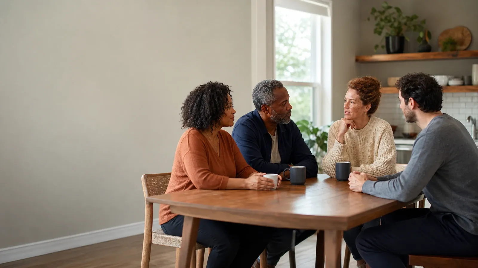 Four adults share an informal conversation at a kitchen table · Alcohol Addiction Treatment for Sweetwater, FL Residents