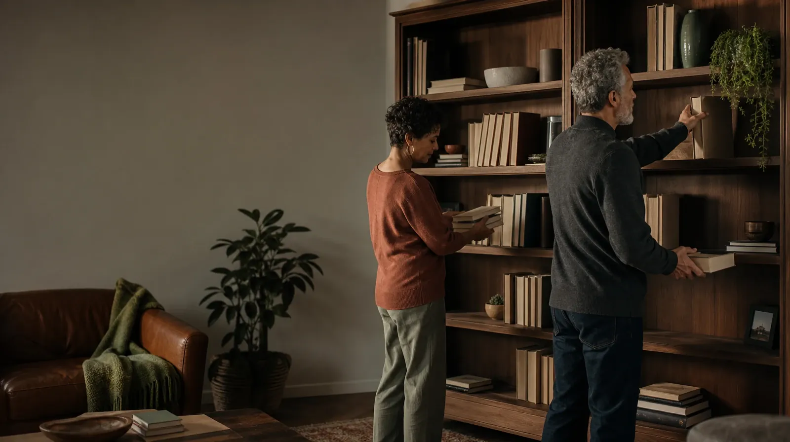 Two adults sort plain books on a home bookcase · Cocaine Addiction Treatment for Sweetwater, FL Residents