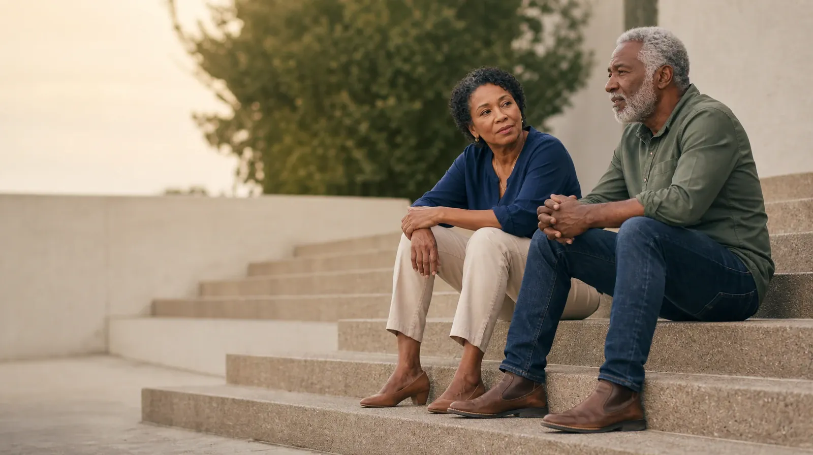 Two adults talk while seated on broad outdoor steps · Planning Time Away for Treatment for Tamarac, FL Residents