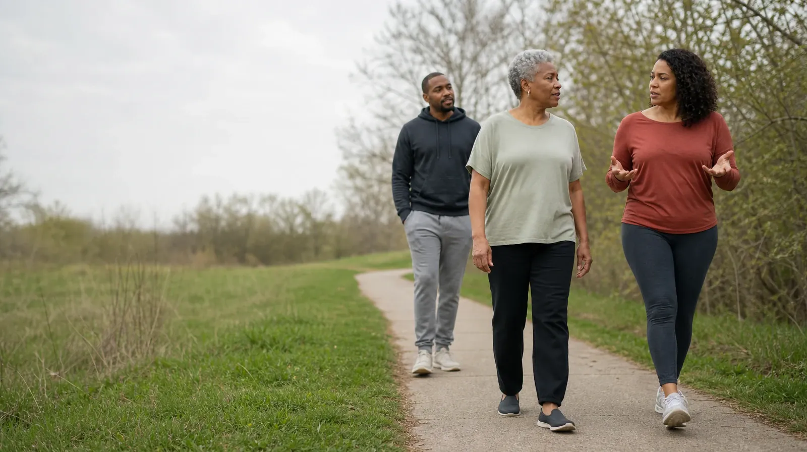Three adults walk and talk on an unmarked neighborhood path · Adult Recovery Support Resources for Tamarac, FL Residents