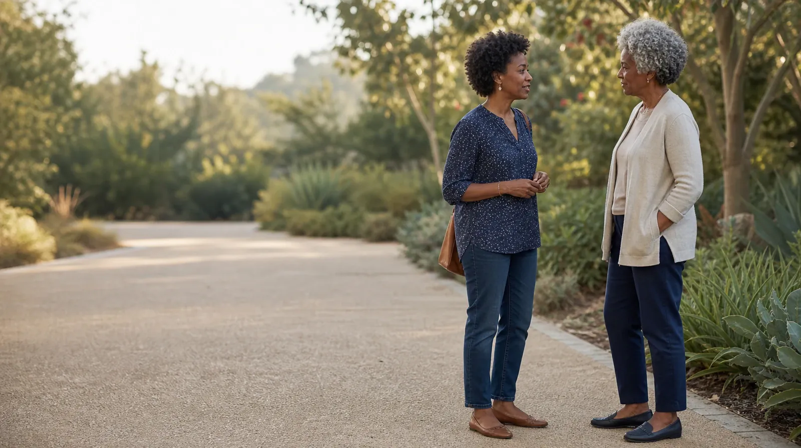 Returning Home After Treatment for Tamarac, FL Residents | Two adults pause to talk on a broad garden path Two adults pause to talk on a broad garden path · Returning Home After Treatment for Tamarac, FL Residents