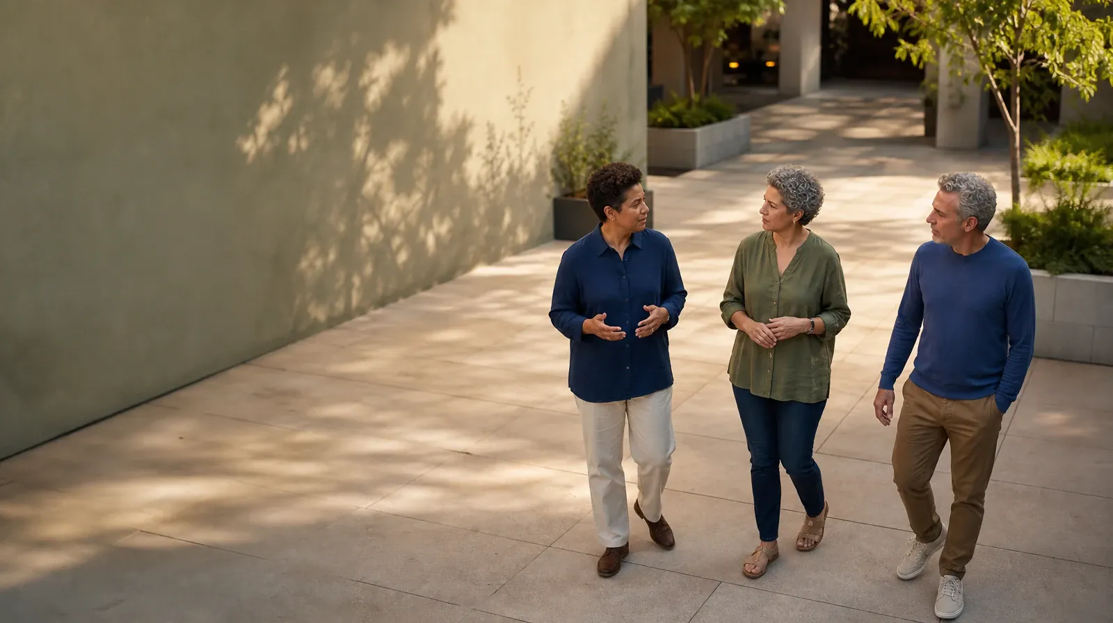 Polysubstance use Addiction Treatment for Tamarac, FL Residents | Three adults walk and talk through a courtyard Three adults walk and talk through a courtyard · Polysubstance use Addiction Treatment for Tamarac, FL Residents