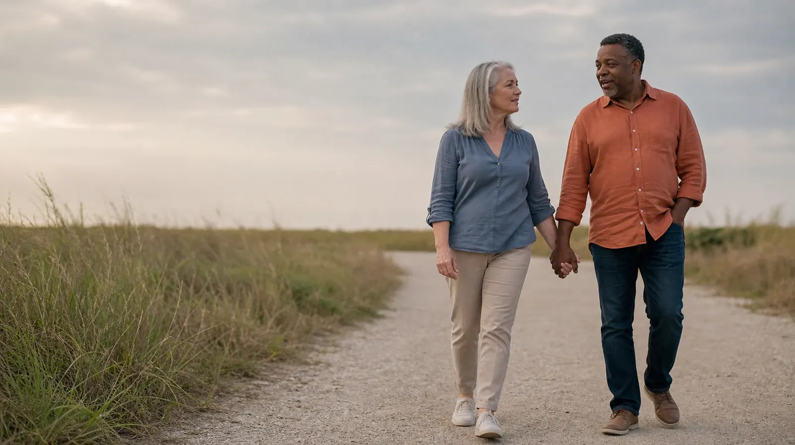 Two adults walk hand in hand along a wide level path, turning slightly… · Addiction Treatment for Tamarac, FL Residents