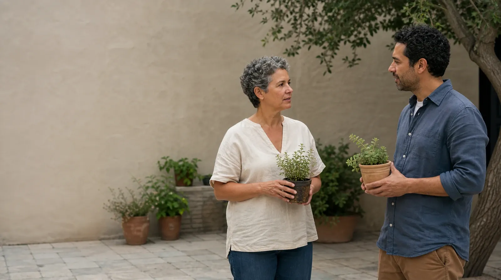 Two adults pause with small plants in a courtyard · Planning Time Away for Treatment for Tamiami, FL Residents