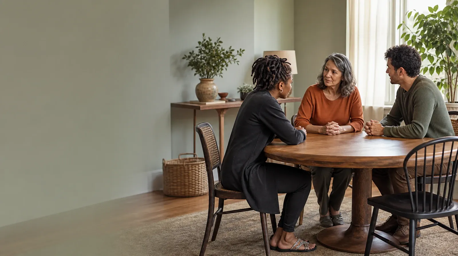Two adults have a calm conversation at a round table · Cocaine Addiction Treatment for Tamiami, FL Residents