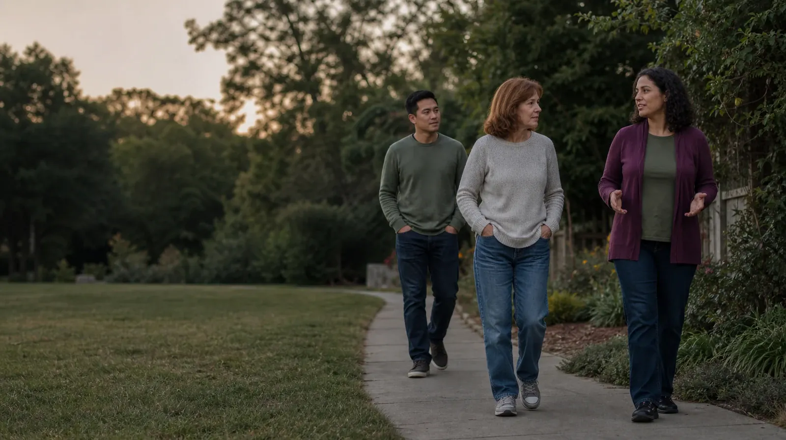 Language and Accessibility Questions for Tavernier, FL Residents | Three adults walk and talk on an unmarked neighborhood… Three adults walk and talk on an unmarked neighborhood… · Language and Accessibility Questions for Tavernier, FL Residents