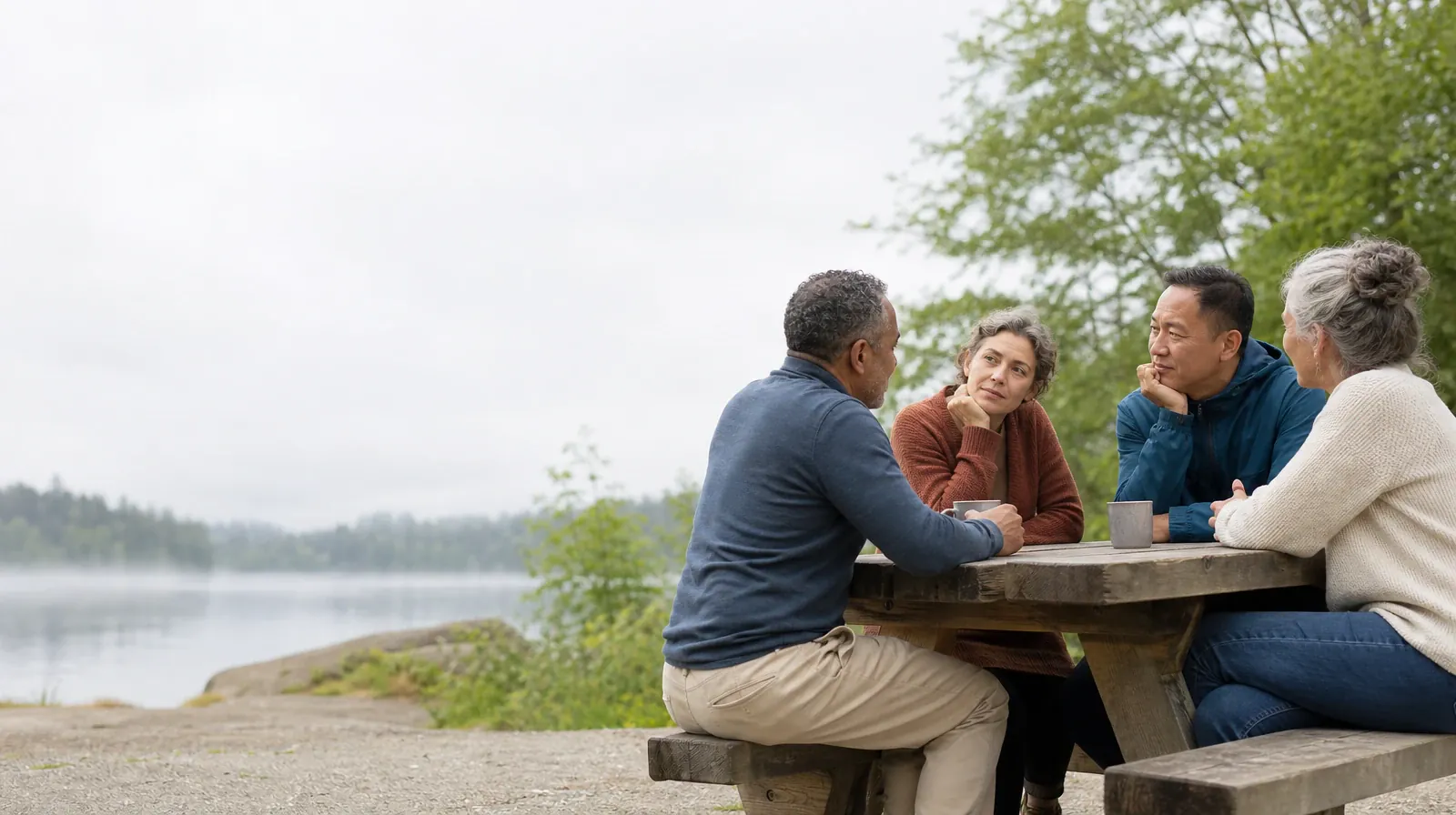 Four adults share an informal outdoor conversation · Addiction Treatment for Tavernier, FL Residents