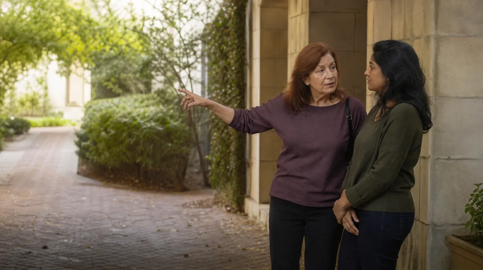 Two adults talk beneath a covered walkway · Supporting an Adult Loved One for The Hammocks, FL Residents