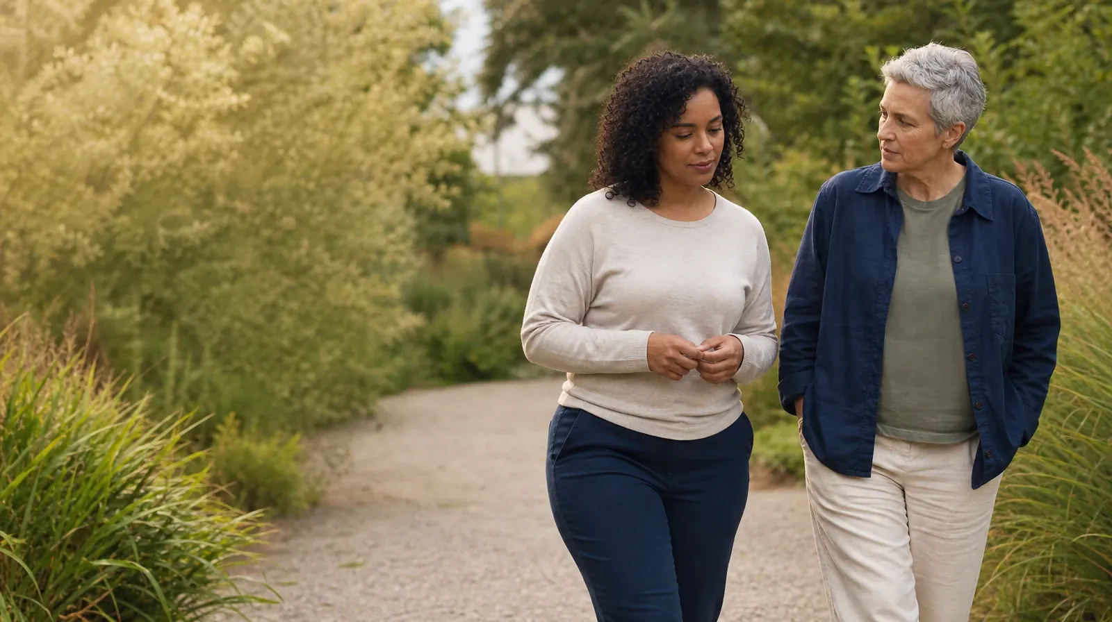Two adults walk and talk on a quiet garden path · Polysubstance use Addiction Treatment for The Hammocks, FL