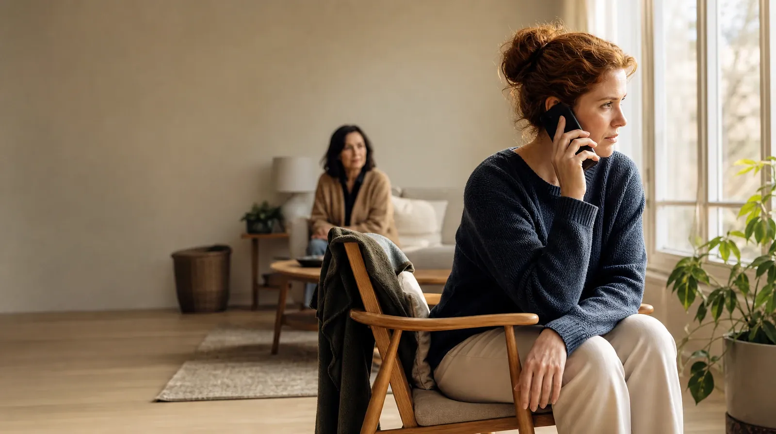An adult makes a private phone call with support nearby · Alcohol Addiction Treatment for Upper Matecumbe Key, FL Residents
