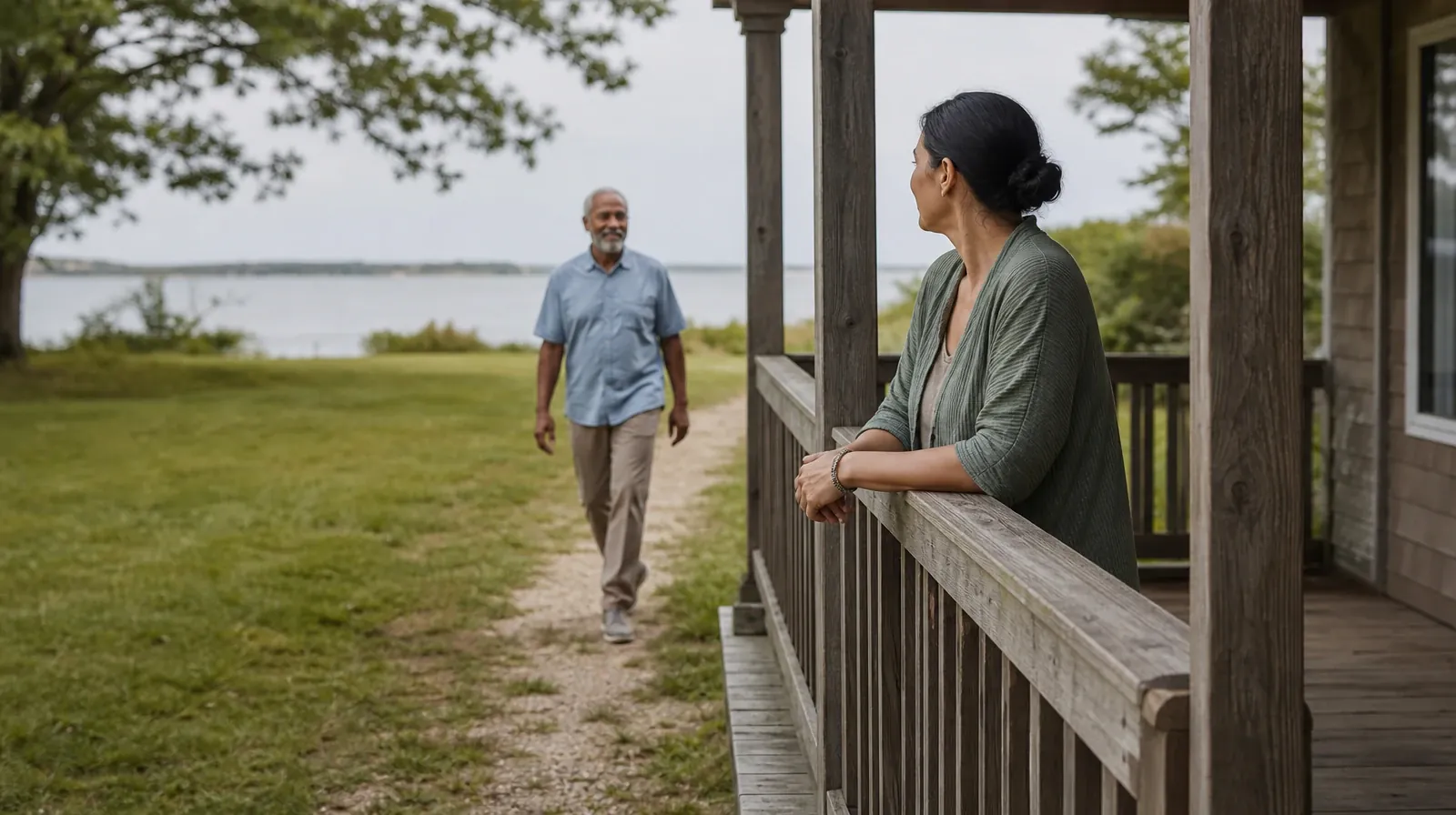 Two adults meet near a shaded porch · Drug and Alcohol Detox for Virginia Gardens, FL Residents