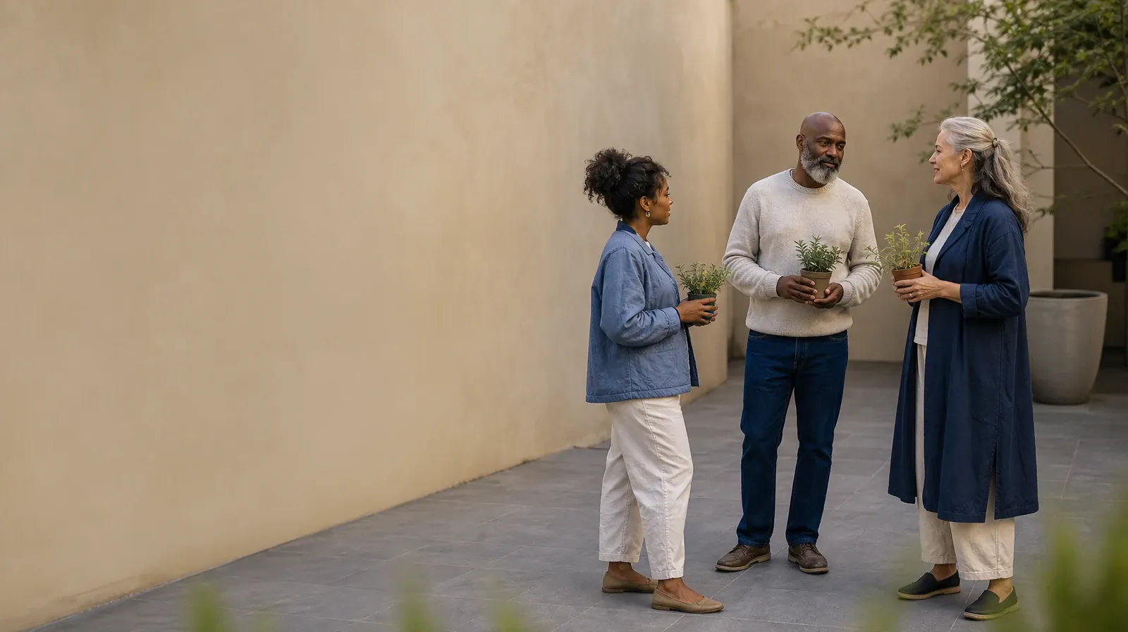 Two adults pause with small plants in a courtyard · Supporting an Adult Loved One for Virginia Gardens, FL Residents