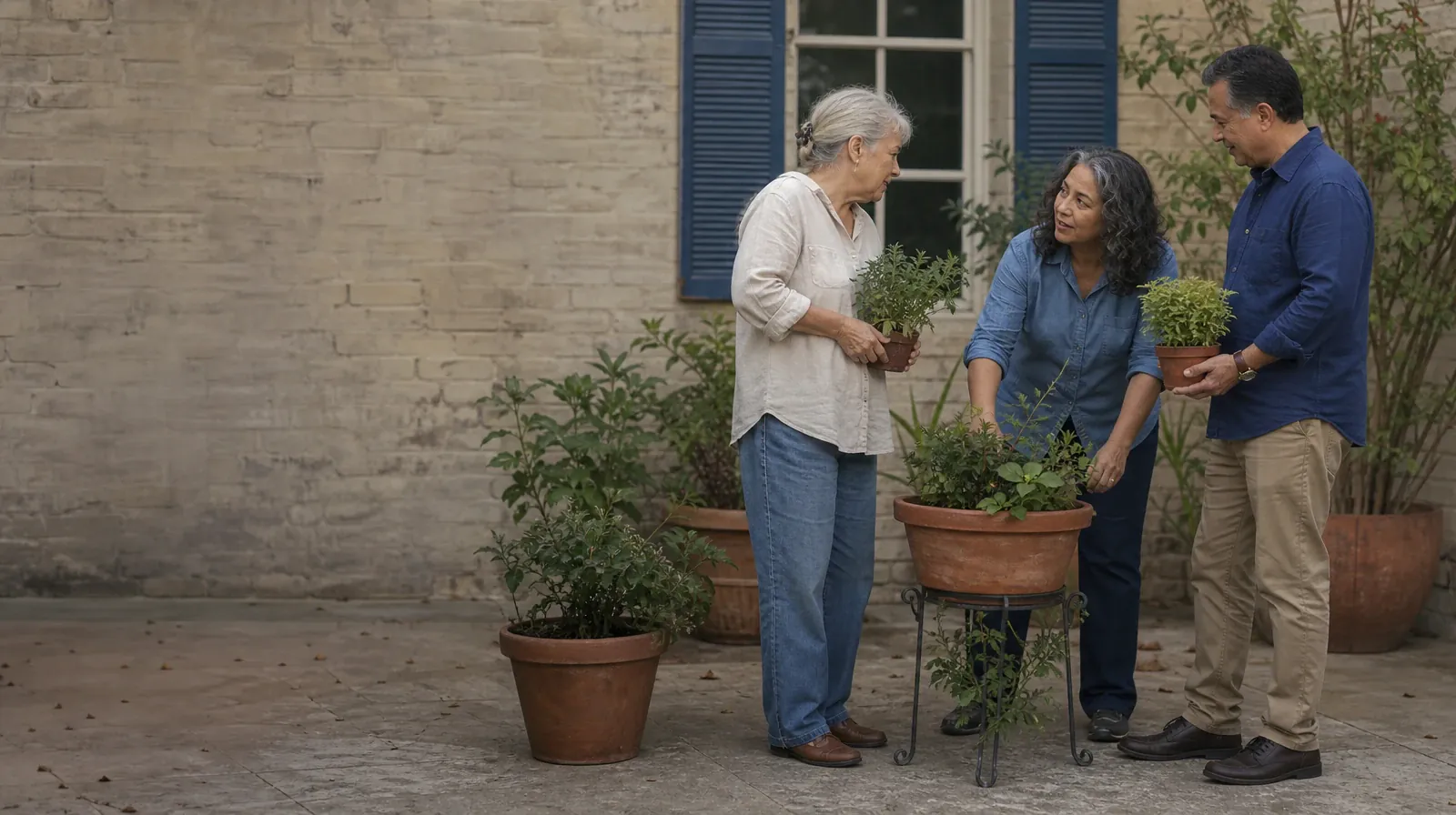 Adult Recovery Support Resources for Wellington, FL Residents | Three adults pause while tending plants in a courtyard Three adults pause while tending plants in a courtyard · Adult Recovery Support Resources for Wellington, FL Residents