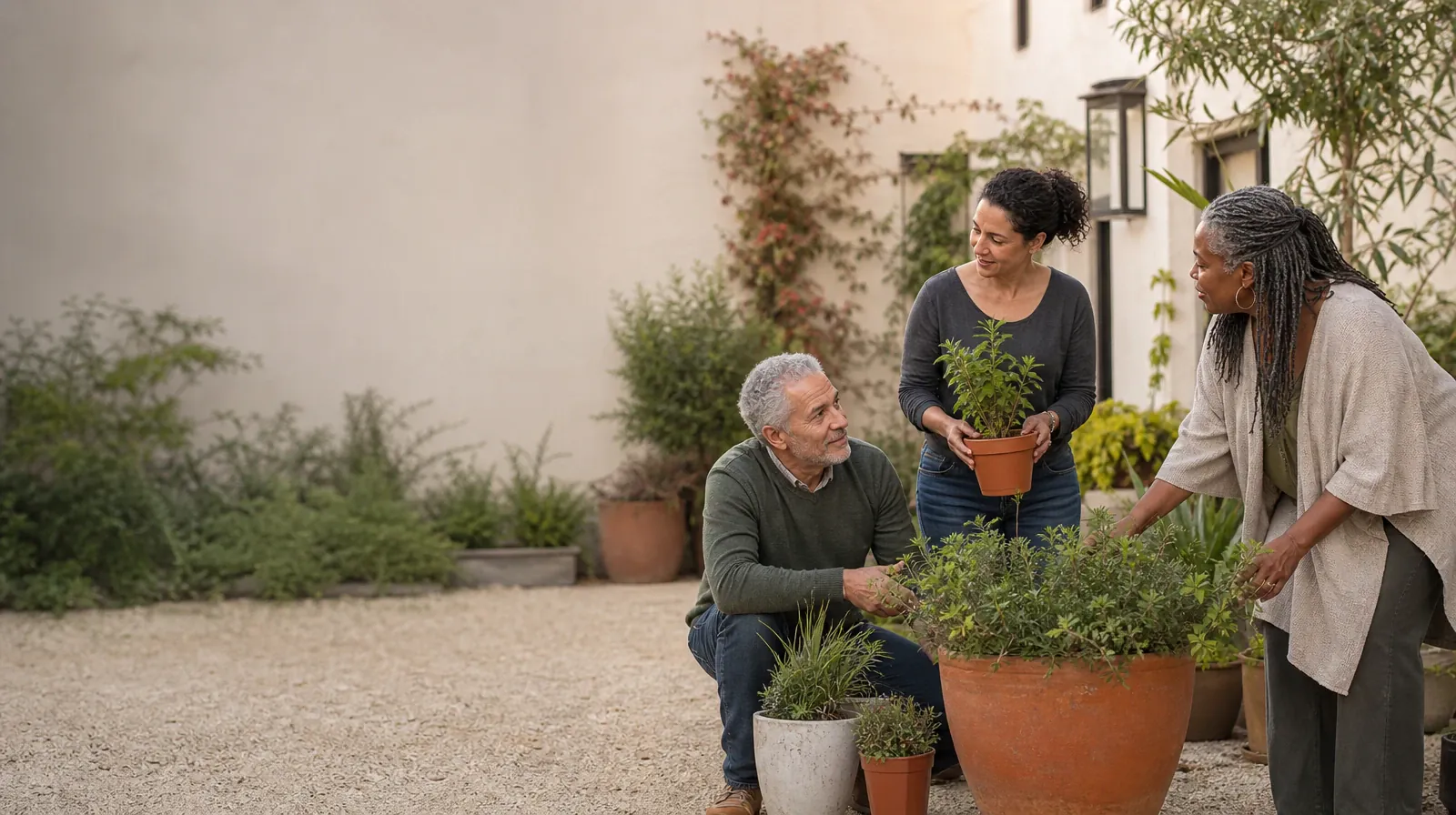 Three adults pause while tending plants in a courtyard · Supporting an Adult Loved One for Wellington, FL Residents