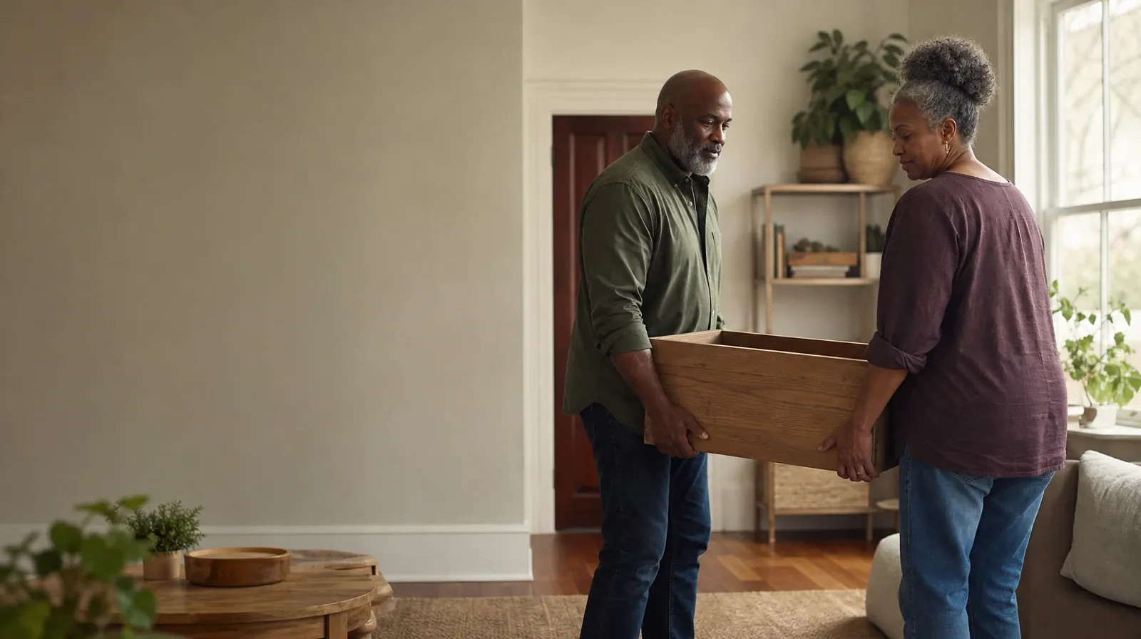 Two adults carry an empty wooden box together · Methamphetamine Addiction Treatment for Wellington, FL Residents