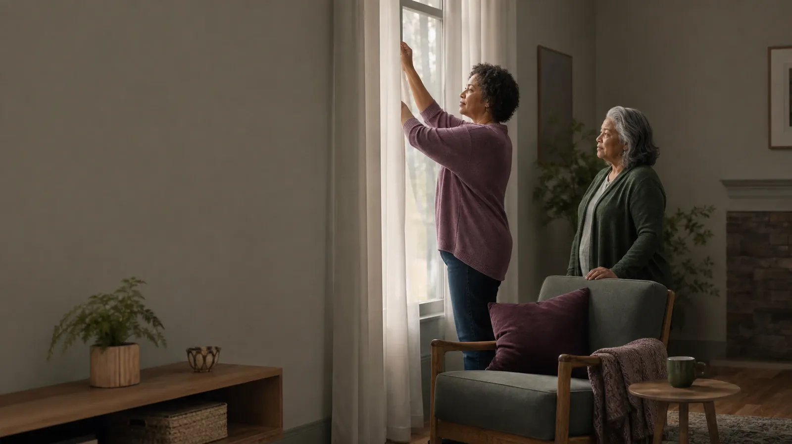 An adult opens curtains while another waits nearby · Polysubstance use Addiction Treatment for Wellington, FL