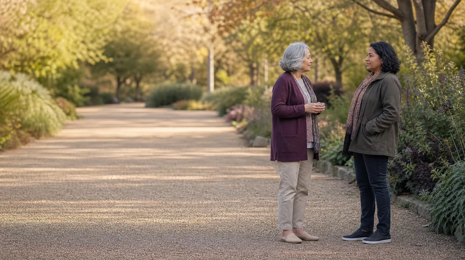 Language and Accessibility Questions for West Miami, FL Residents | Two adults pause to talk on a broad garden path Two adults pause to talk on a broad garden path · Language and Accessibility Questions for West Miami, FL Residents
