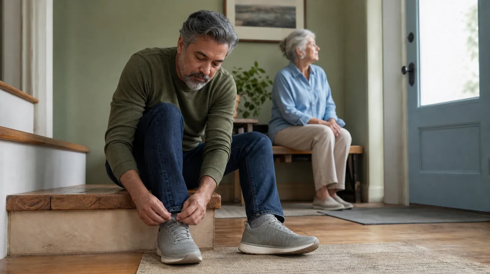 An adult ties a shoe on a low home step · Planning a Treatment Assessment for West Miami, FL Residents