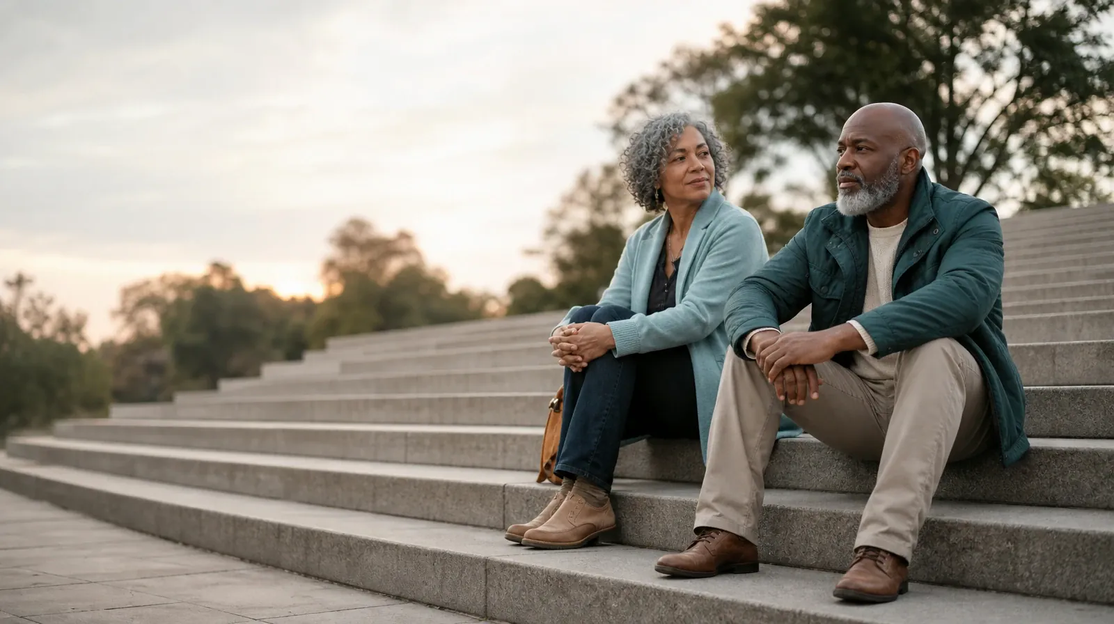 Two adults talk while seated on broad outdoor steps · Returning Home After Treatment for West Miami, FL Residents