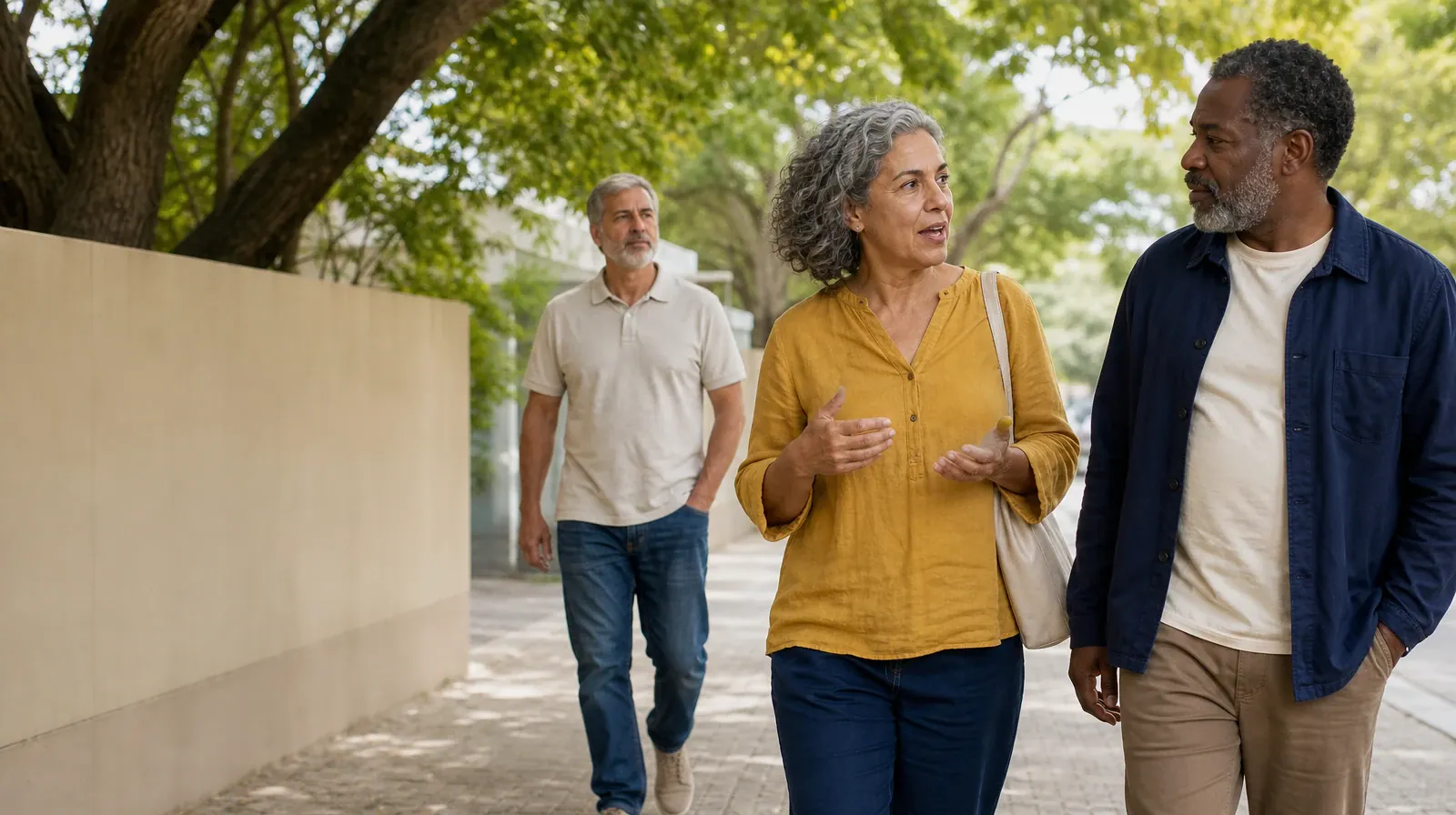 Three adults walk and talk on an unmarked neighborhood path · Drug and Alcohol Detox for West Palm Beach, FL Residents