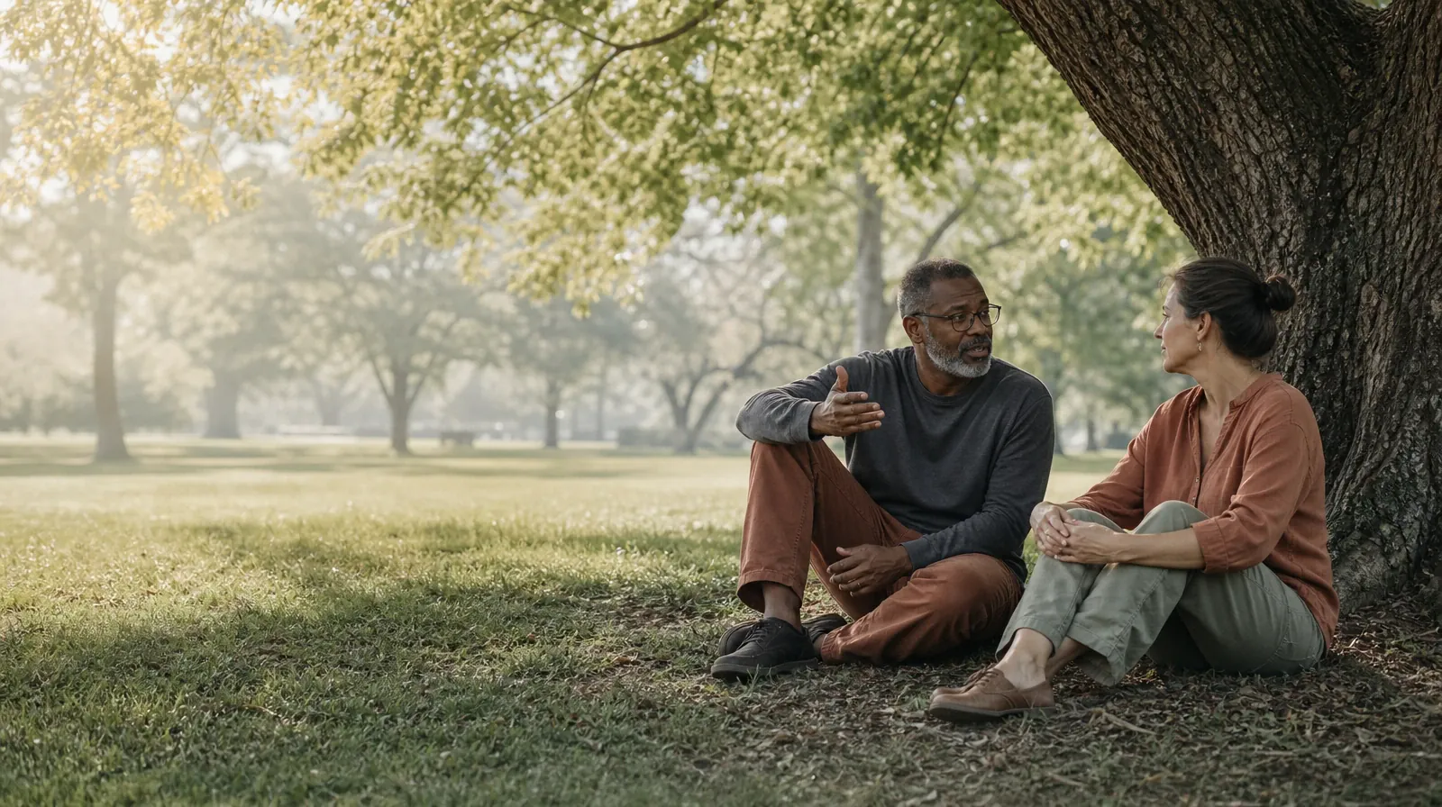 Two adults talk beneath a tree at a public green · Supporting an Adult Loved One for West Palm Beach, FL Residents