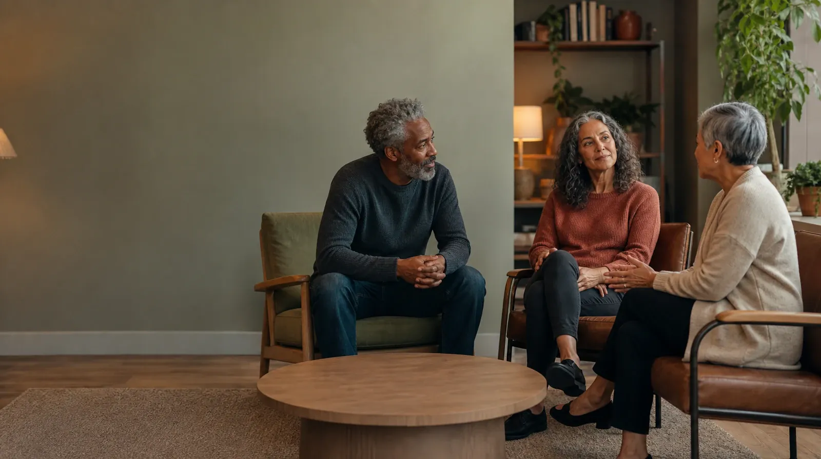 Adderall Addiction Treatment for West Palm Beach, FL Residents | Three adults talk in mismatched chairs around an empty table Three adults talk in mismatched chairs around an empty table · Adderall Addiction Treatment for West Palm Beach, FL Residents