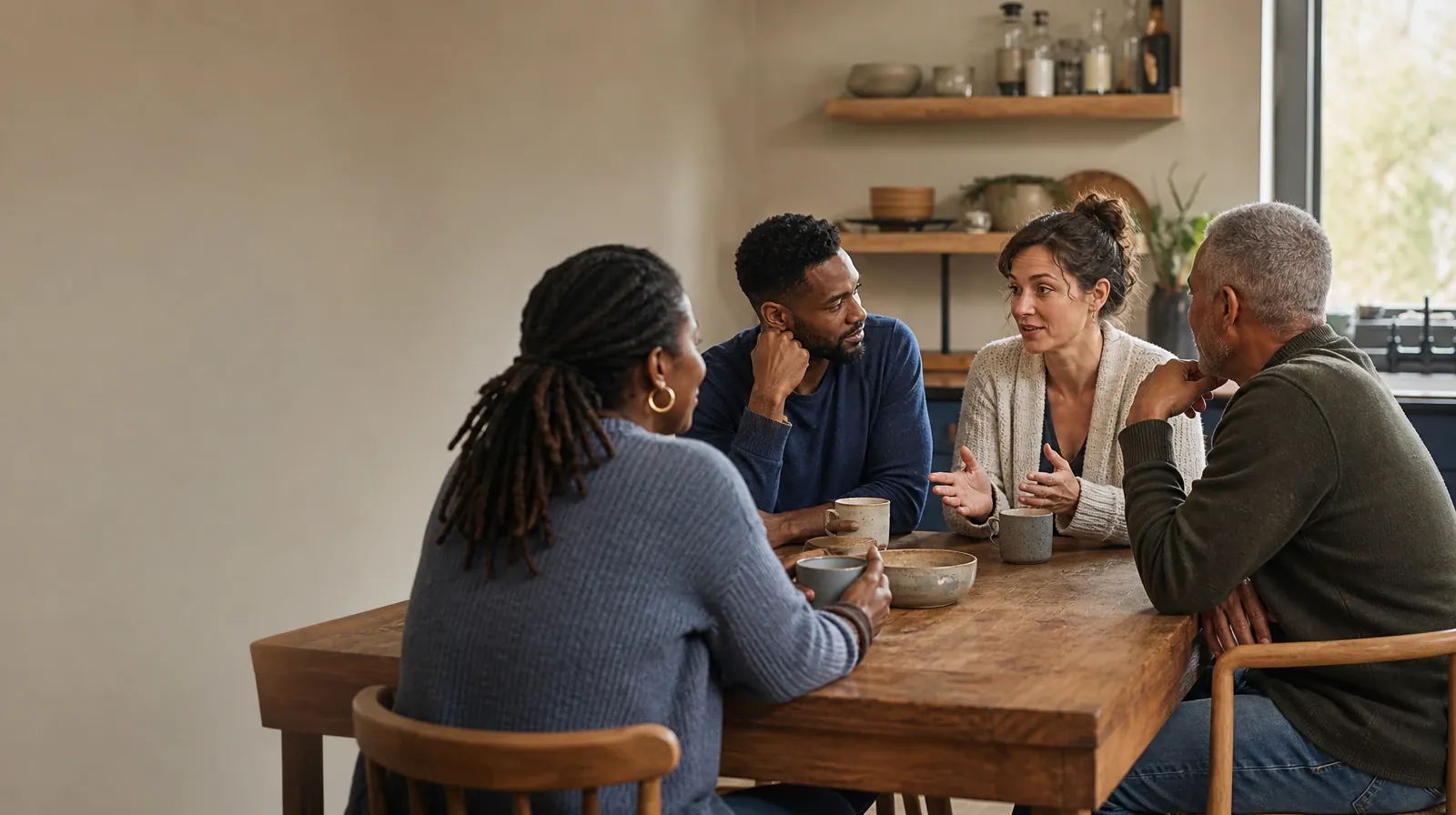 Ketamine Addiction Treatment for West Palm Beach, FL Residents | Four adults share an informal conversation at a kitchen… Four adults share an informal conversation at a kitchen… · Ketamine Addiction Treatment for West Palm Beach, FL Residents