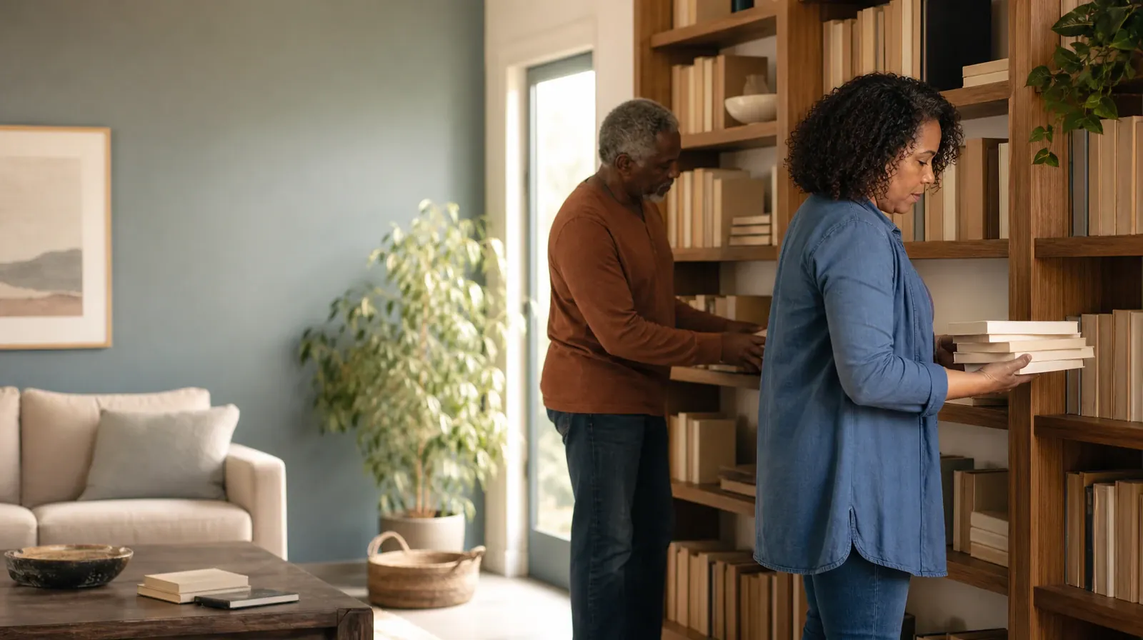 Two adults sort plain books on a home bookcase · Cannabis Addiction Treatment for West Palm Beach, FL Residents