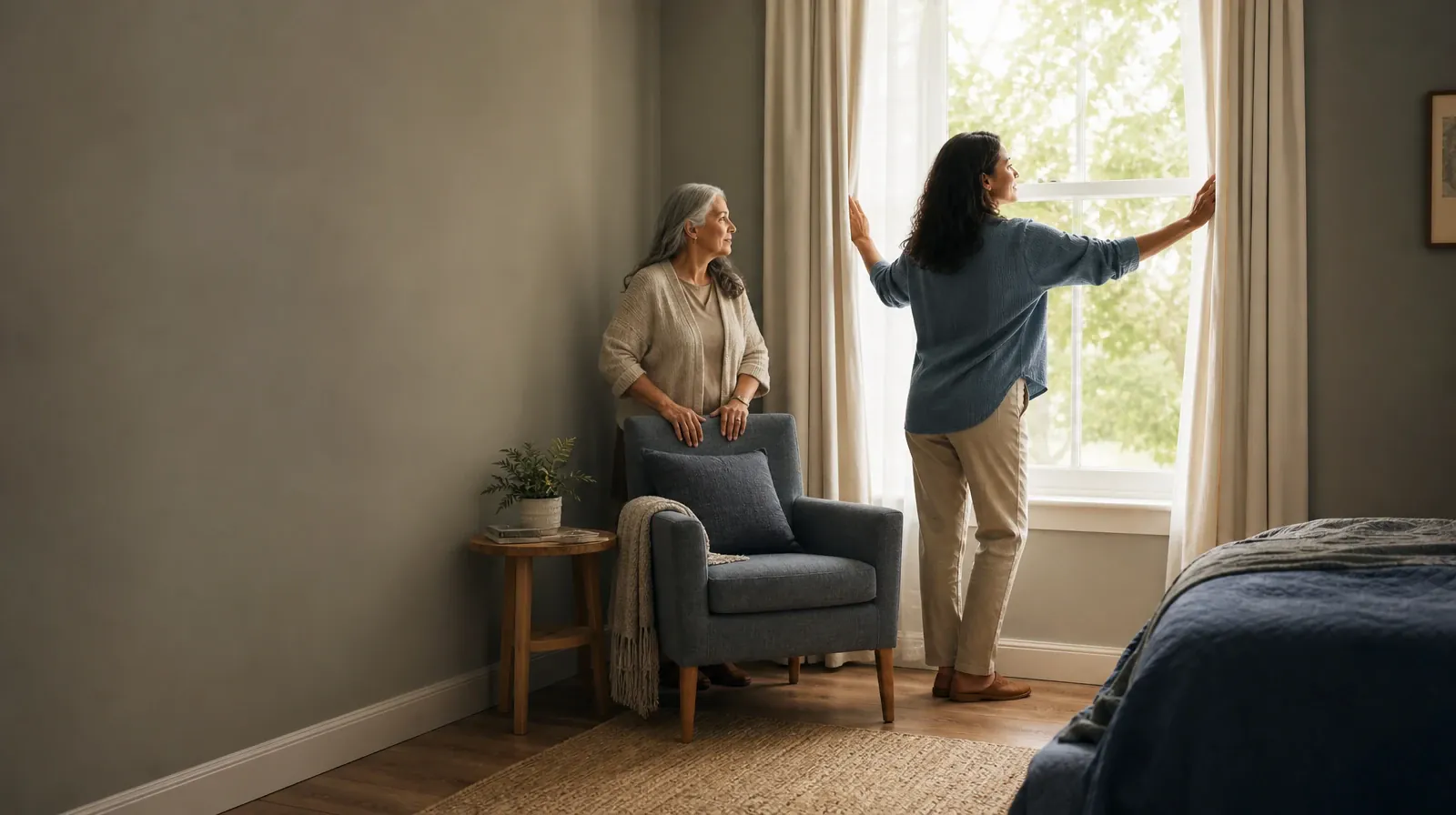 An adult opens curtains while another waits nearby · Prescription drugs Addiction Treatment for West Palm Beach, FL