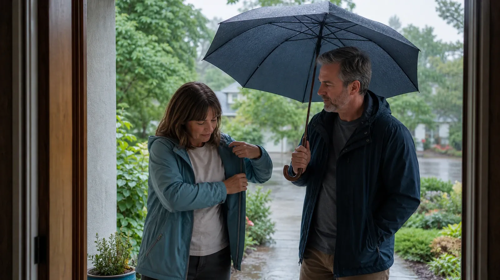 Two adults pause at a home doorway as one holds an umbrella and the… · Addiction Treatment for West Palm Beach, FL Residents