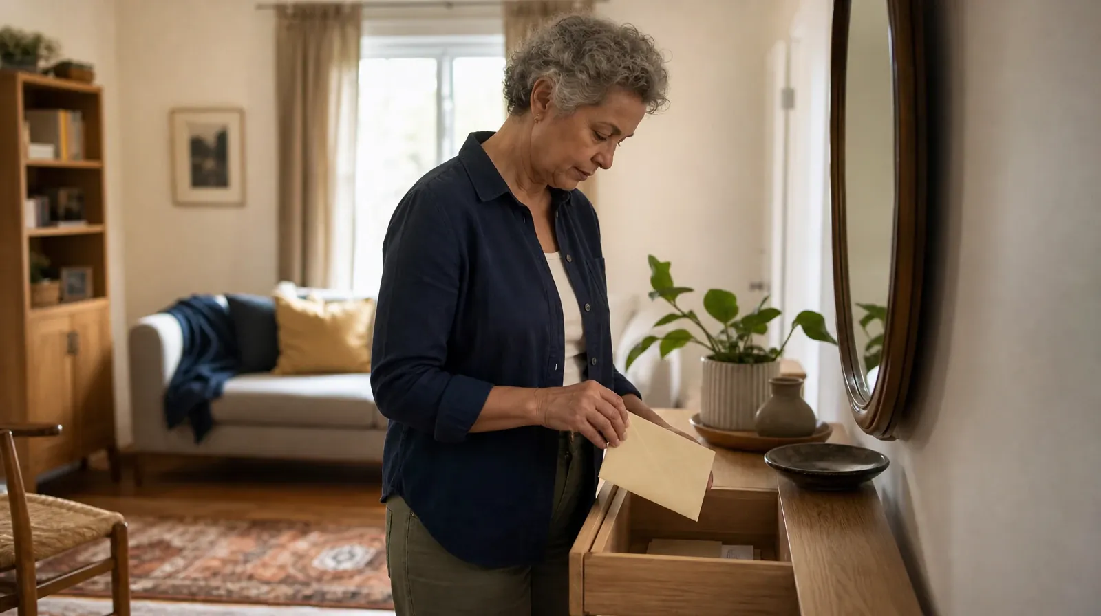 An adult places a plain sealed envelope in a drawer · Residential Addiction Treatment for Westchester, FL