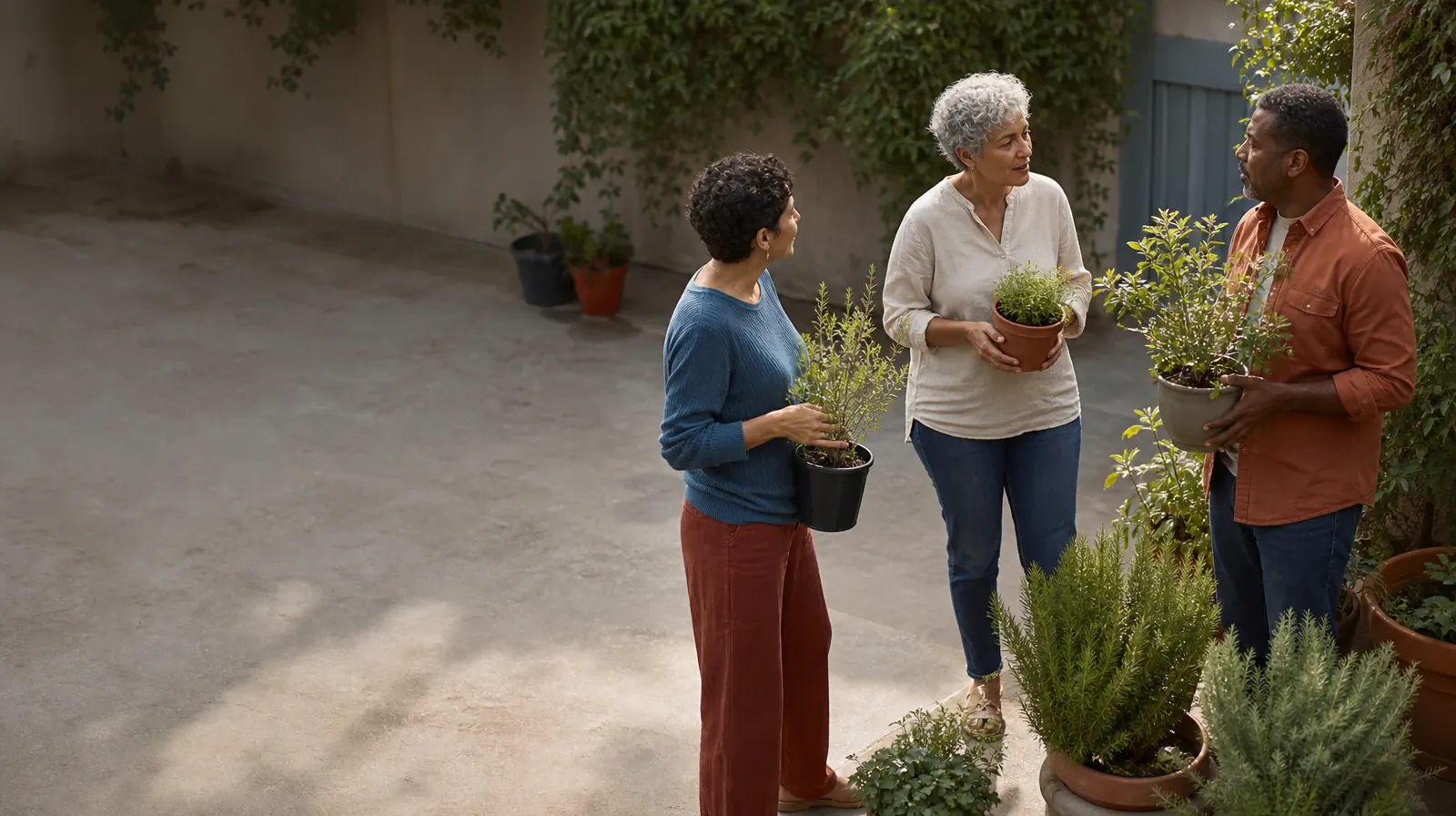 Three adults pause while tending plants in a courtyard · Supporting an Adult Loved One for Westchester, FL Residents