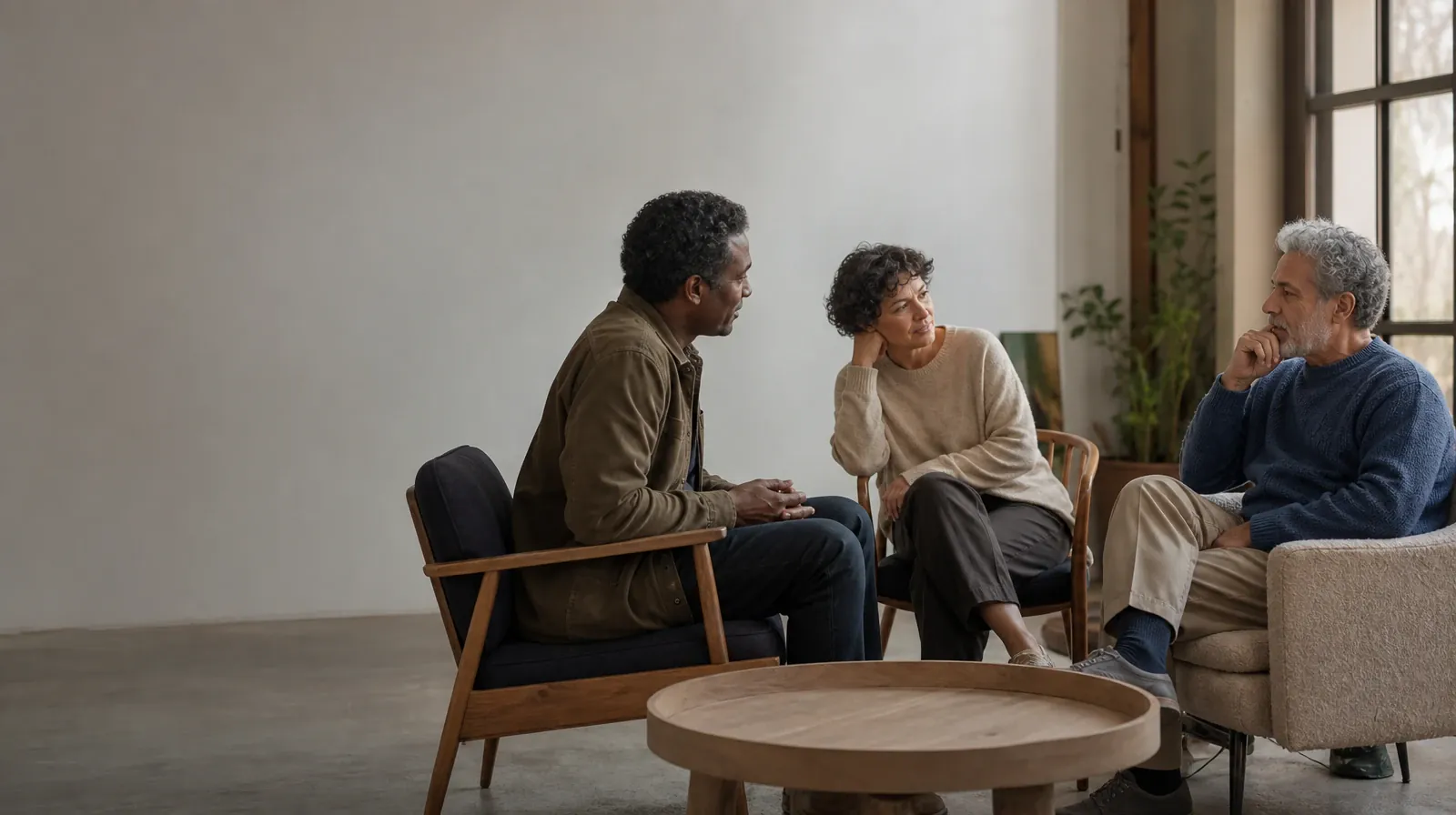 Three adults talk in mismatched chairs around an empty table · Prescription drugs Addiction Treatment for Westchester, FL