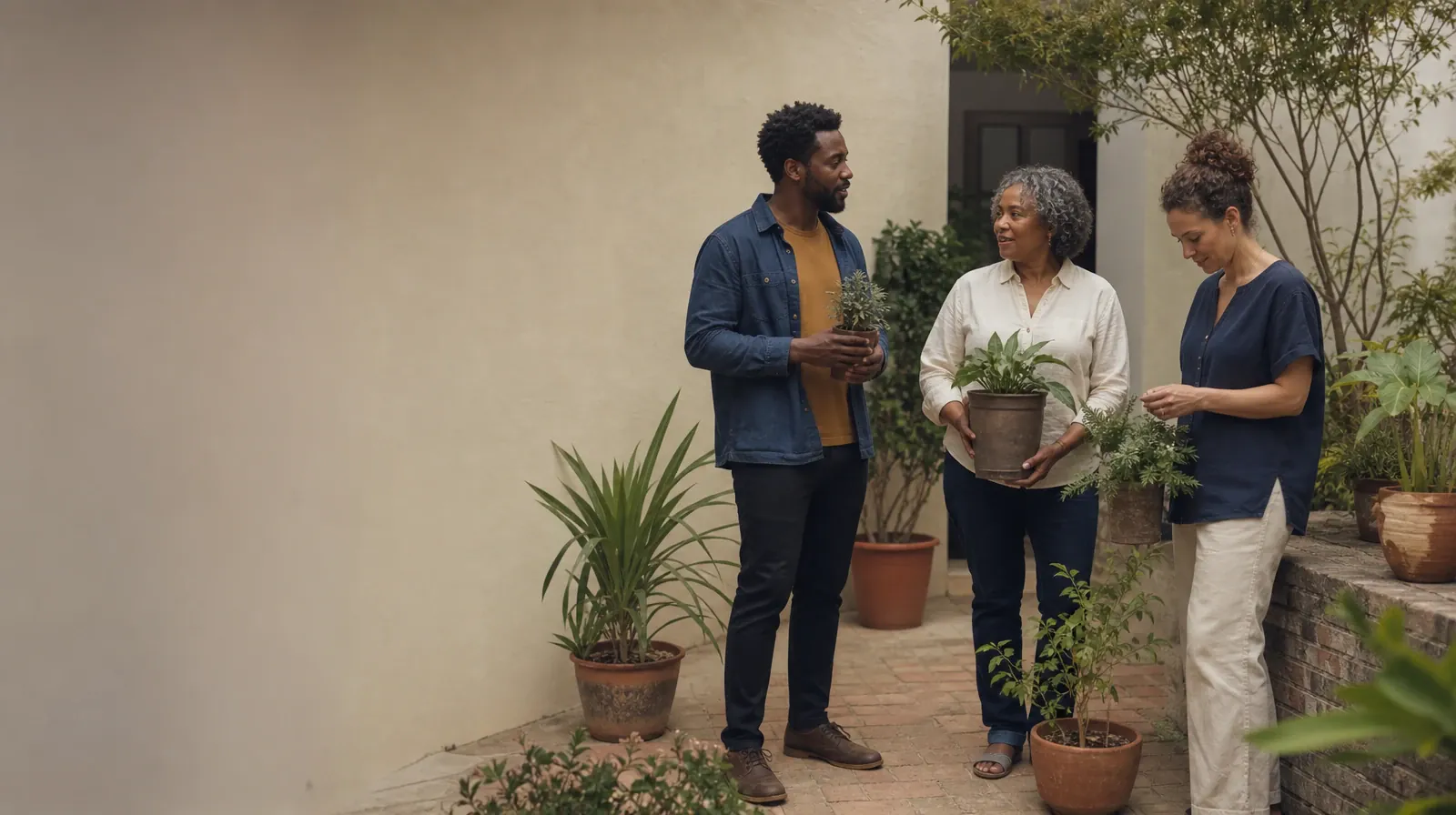 Starting a Treatment Conversation for Weston, FL Residents | Three adults pause while tending plants in a courtyard Three adults pause while tending plants in a courtyard · Starting a Treatment Conversation for Weston, FL Residents