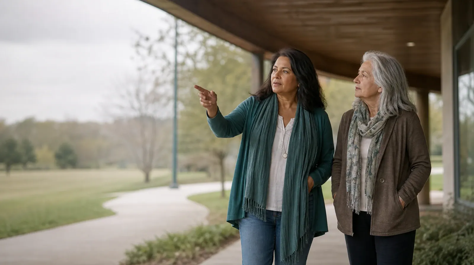 Two adults talk beneath a covered walkway · Supporting an Adult Loved One for Weston, FL Residents
