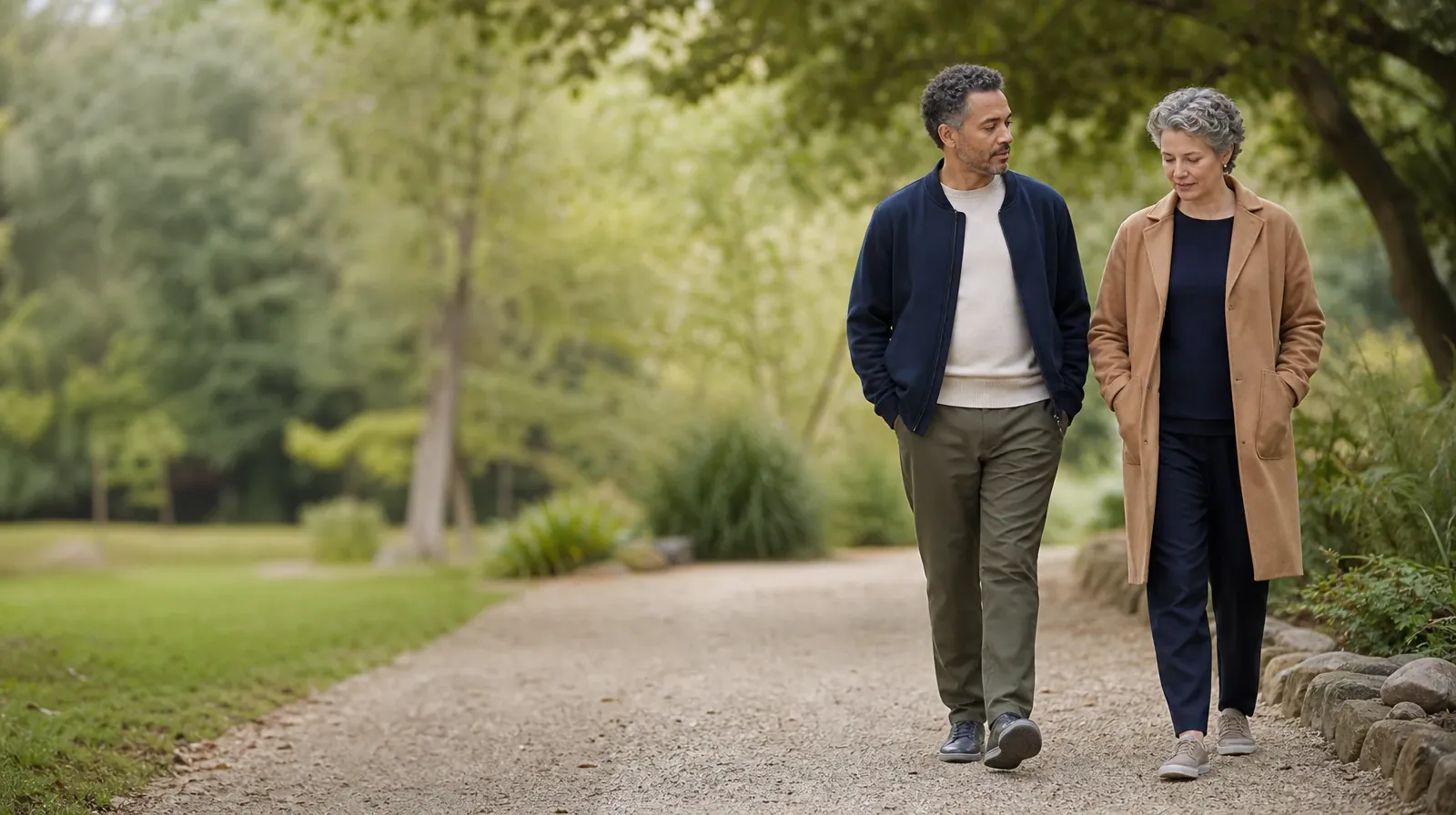 Two adults walk and talk on a quiet garden path · Fentanyl Addiction Treatment for Weston, FL Residents